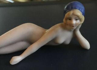 VTG.  1920 ' S ART DECO FLAPPER BISQUE BATHING BEAUTY w BLUE BATHING CAP,  FULL NUDE 3