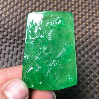Chinese Collectible Green Jadeite Jade Plum Blossom & Magpie Handwork Pendant
