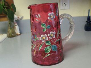 Cranberry Thumbprint Coin Dot Painted Enamel Flowers Tall Pitcher