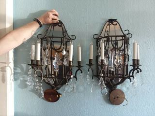 Mntravelgal Only Pair 2 Vtg Wrought Iron Crystal Prisms Mirror Wall Sconces
