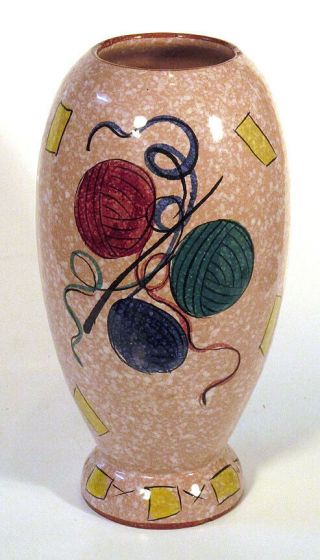 1950s Vintage Italy Pottery Vase Balls Of Yarn & Knitting Needles Mid Century