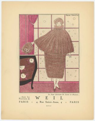 1920 French Art Deco Pochoir Gazette Du Bon Ton Flapper In Weil Fur Coat Vintage