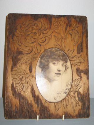 Antique Art Nouveau Picture Frame Pyrography Mabel Normand Hollywood Still & Bio