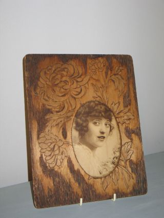 Antique Art Nouveau PICTURE FRAME Pyrography MABEL NORMAND Hollywood Still & Bio 2