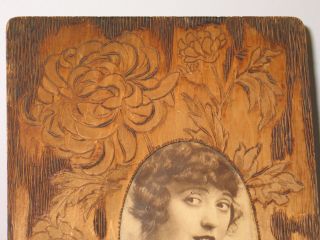 Antique Art Nouveau PICTURE FRAME Pyrography MABEL NORMAND Hollywood Still & Bio 3