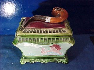 Early 20thc Art Nouveau Style Majolica Tobacco Humidor W Woman,  Pipe Design