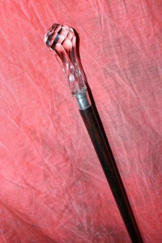 Sparkling Victorian Faceted Cut Glass Handle Cane Sterling Collar Rosewood Shaft