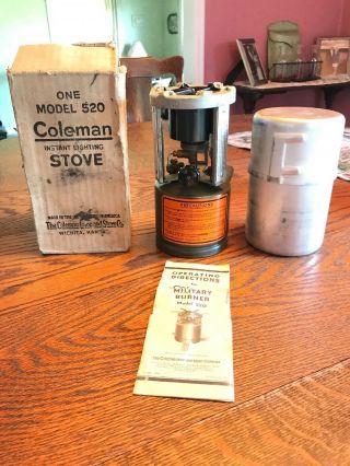 Vtg Coleman 520 Us 1945 Military Gas Stove Ww2 Container Funnel Instructions Box