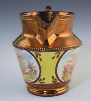 c1820 ANTIQUE COPPER LUSTER PITCHER w/BAT PRINTED SCENES & YELLOW DECOR LUSTRE 3