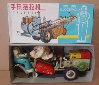 Rare Vintage China Tin Toy Girl On A Tractor Mib Ms 857