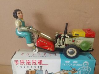 Rare Vintage China Tin toy GIRL ON A TRACTOR MIB MS 857 2