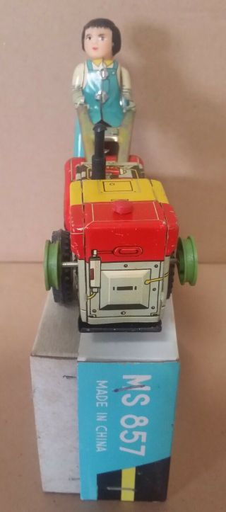 Rare Vintage China Tin toy GIRL ON A TRACTOR MIB MS 857 3