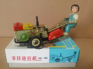 Rare Vintage China Tin toy GIRL ON A TRACTOR MIB MS 857 4