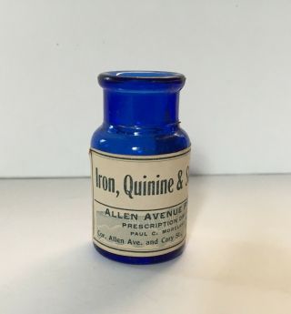 Antique Cobalt Bottle Iron Quinine Stry - - Nine Allen Pharmacy Label Richmond Va