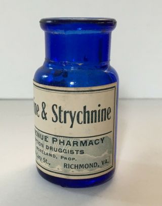 Antique Cobalt Bottle IRON QUININE Stry - - nine Allen Pharmacy Label Richmond VA 2