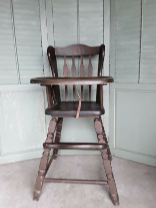 Vintage Wood Baby High Chair Jenny Lind Wooden Upcycle Safety Strap 