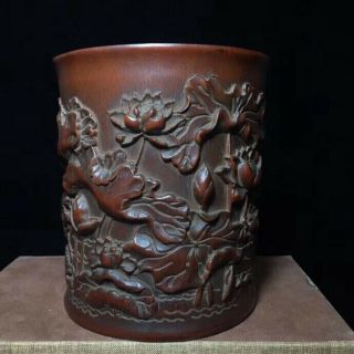 Old Boxwood Handwork Carve Blooming Lootus Collectable Usable Ancient Brush Pot