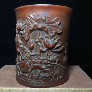 Old Boxwood Handwork Carve Blooming Lootus Collectable Usable Ancient Brush Pot 2