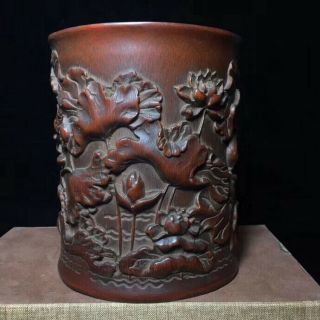 Old Boxwood Handwork Carve Blooming Lootus Collectable Usable Ancient Brush Pot 4