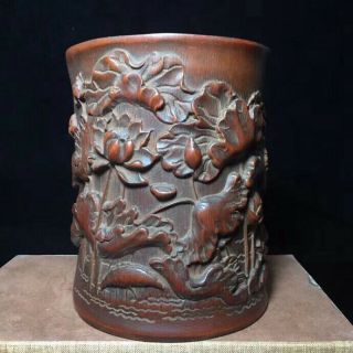 Old Boxwood Handwork Carve Blooming Lootus Collectable Usable Ancient Brush Pot 5