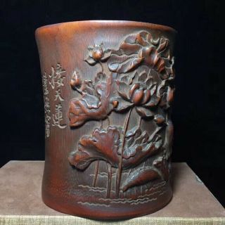 Old Boxwood Handwork Carve Blooming Lootus Collectable Usable Ancient Brush Pot 6