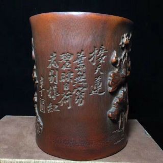 Old Boxwood Handwork Carve Blooming Lootus Collectable Usable Ancient Brush Pot 7