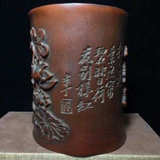 Old Boxwood Handwork Carve Blooming Lootus Collectable Usable Ancient Brush Pot 8