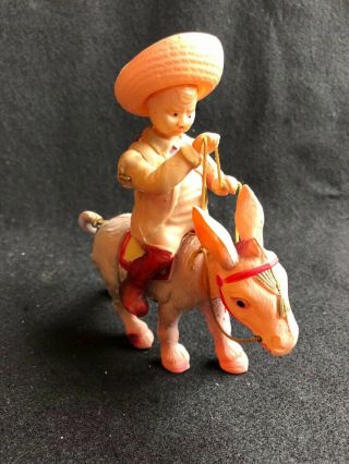 Vintage Plastic Celluloid Wind - Up Toy " Gay Caballero " Cowboy & Donkey