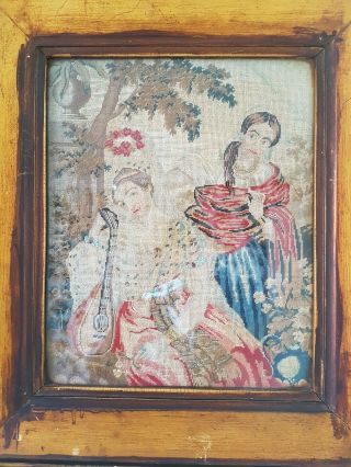 Old Antique Victorian Needlepoint Embroidery Tapestry Picture Girl Maidens Lute