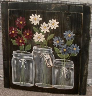 Primitive Hp Folk Art Jars Of Red,  White And Blue Flowers Reclaimed Wood