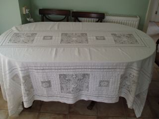 Vintage Linen & Lace Crochet Table Cloth 8ft 6 " X 6ft