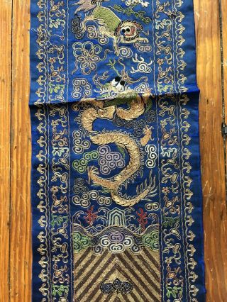 Antique Chinese Silk Hand Embroidered Gold Thread Dragon Foo Dog Panel Tapestry 3