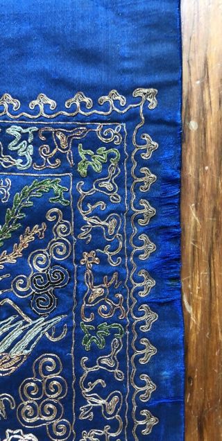 Antique Chinese Silk Hand Embroidered Gold Thread Dragon Foo Dog Panel Tapestry 5