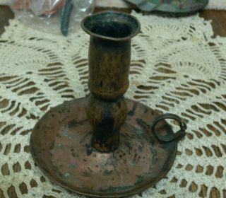 Antique Solid Copper Hand Wrought Primitive Americana Chamberstick Candlestick