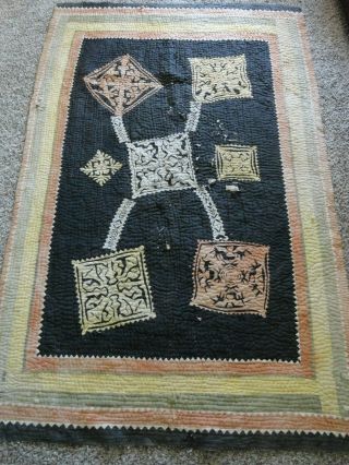 Antique Hand Stitched Quilt 1800s Primitive Folk Art Unusual 81” X 51” Very Old
