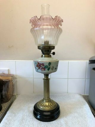 Victorian Oil Lamp,  26 " In Hieght,  Hand Painted Font.
