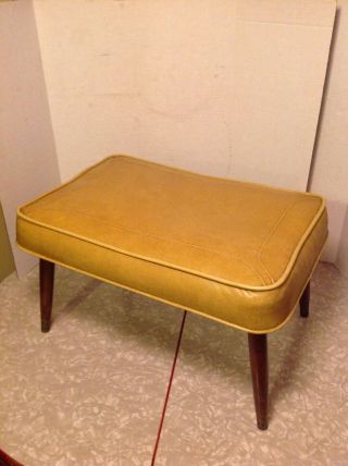Vintage Mid Century Gold Vinyl Footstool Ottoman Rectangular Tapered Wood Legs