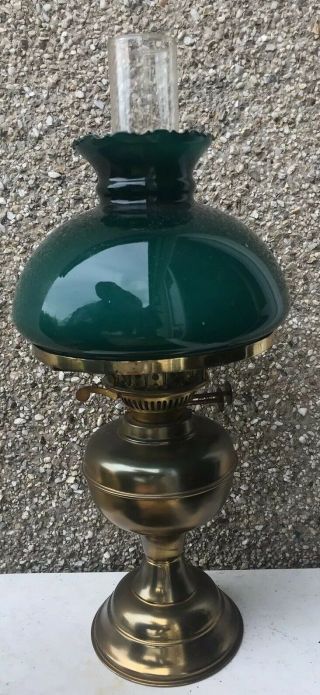 Rare Vintage Brass Duplex Oil Lamp Made In England Double Green Victorian Etched