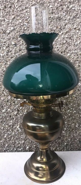 RARE Vintage Brass Duplex Oil Lamp Made in England Double Green Victorian Etched 2
