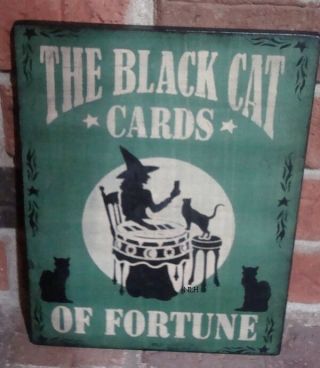Primitive Halloween Sign “the Black Cat Cards Of Fortune” Handpainted Pine Green