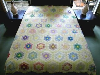 Washed Many Times Vintage Feed Sack Hand Sewn Flower Garden Quilt,  85 " X 76 "