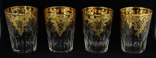 Set Of Four Josephinenhutte Gold Encrusted Antique Crystal Tumblers Paneled