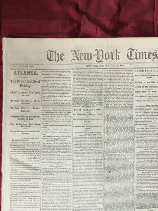 Battle Of Atlanta - Sherman’s March - Civil War - 1864 York Times Newspaper