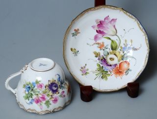 Antique 19th century Meissen Hand Painted Porcelain Cup & Saucer 2