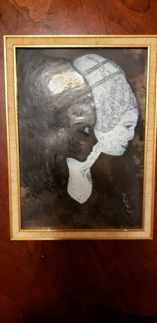 Vintage Enamel On Metal Art Tile Of Two Women Framed - Signed F.  R.  Cataldo