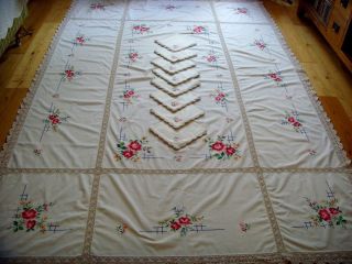 Vintage Large Hand Embroidered Tablecloth & 8 Napkins Crochet Lace 104 " X67 "