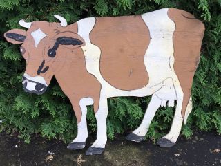 Vintage Primitive Wood Cow Sign Cut Out Yard Sign Ornament Architectural Salvage