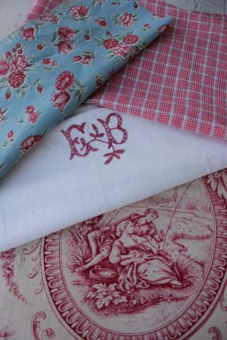Vintage French Fabrics Antique Material Toile Plaid Towel
