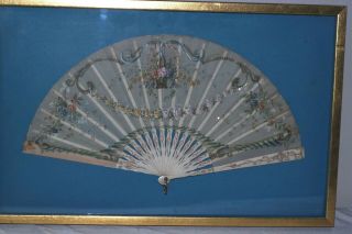 Fine Art Nouveau French Hand Painted Silk Fan Gold Pink Framed Very Fine