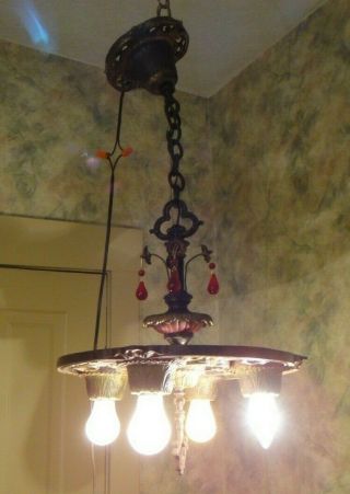 Finish 1930 ' s Ceiling Light 4 Bulbs Art Nouveau Polychrome Chandelier 4